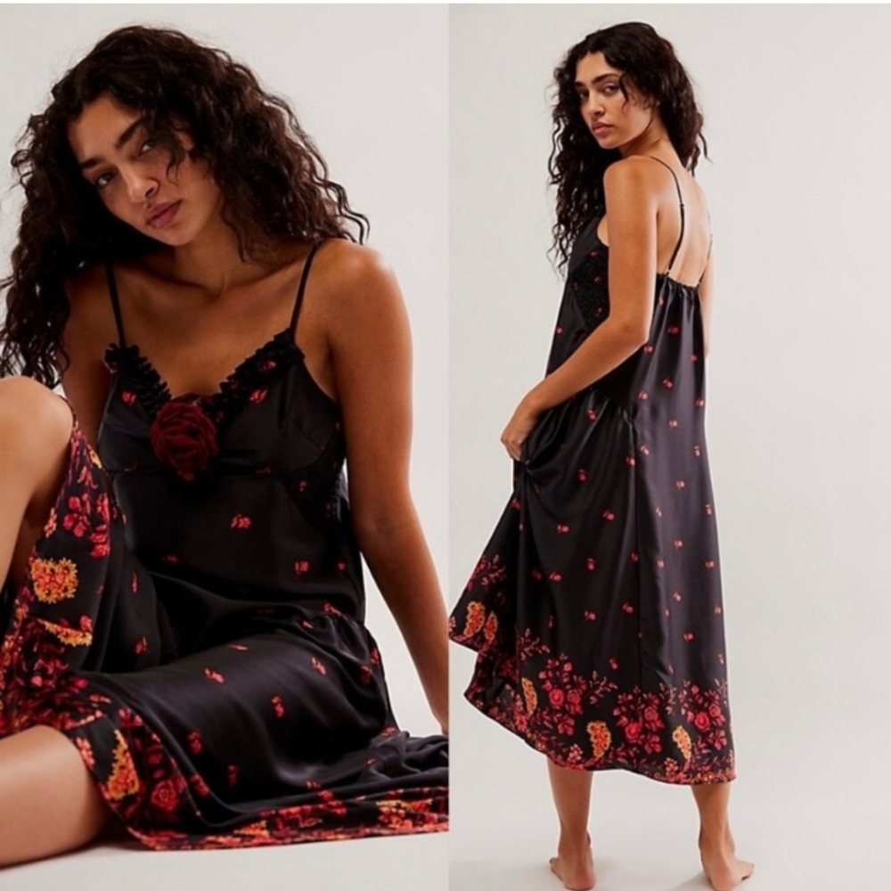 Intimately Free People On My Own Floral Satin Smocked Midi Dress Nightgown